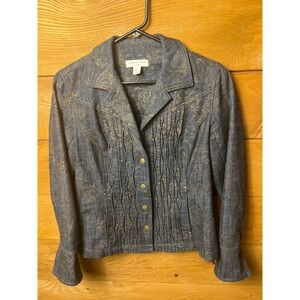 Coldwater Creek Classic Women's Denim Jean Jacket Gold‎ Embellished Pleated SZ 6